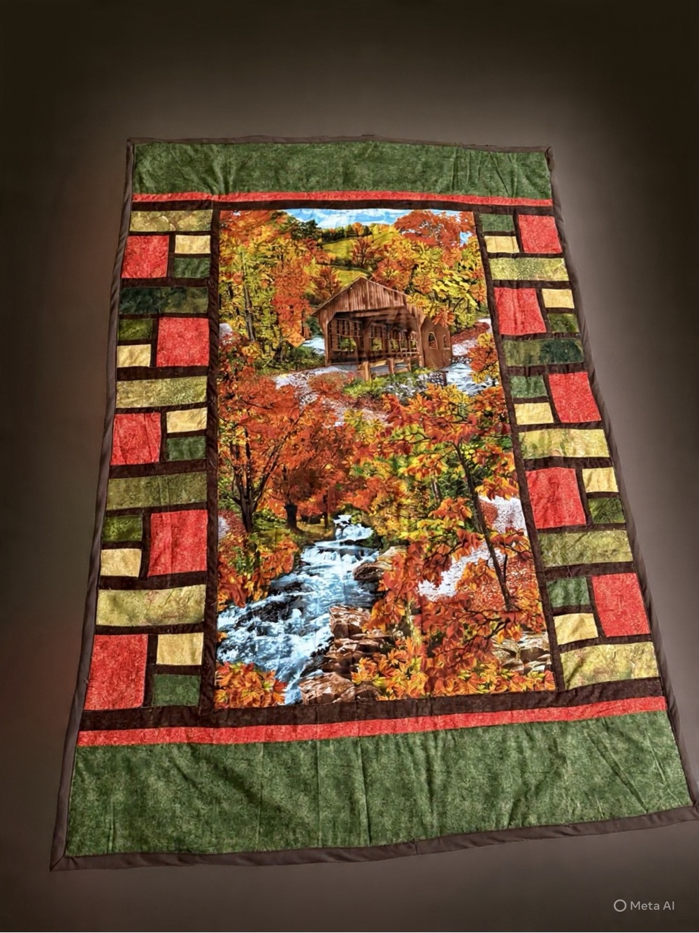 Handmade Autumn Scenic Quilt Throw/Wall hanging with Covered Bridge
